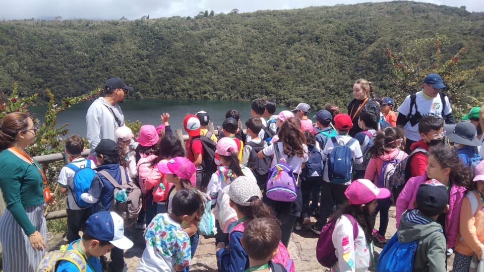 Niños participando en una caminata ecológica guiada, explorando la biodiversidad en una salida pedagógica segura.