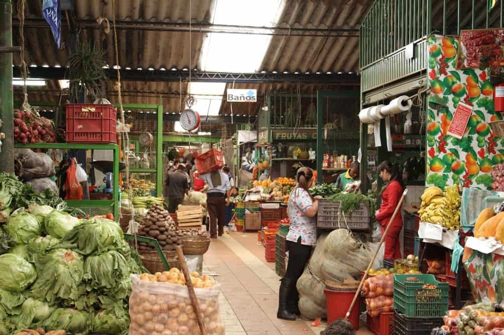 Estudiantes de Awalí School reconociendo la biodiversidad de frutas colombianas en la Plaza de Paloquemao.
