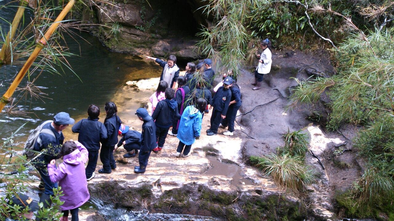 Estudiantes de colegio frente al nacimiento del Río Bogotá reflexionando sobre el cuidado del agua.