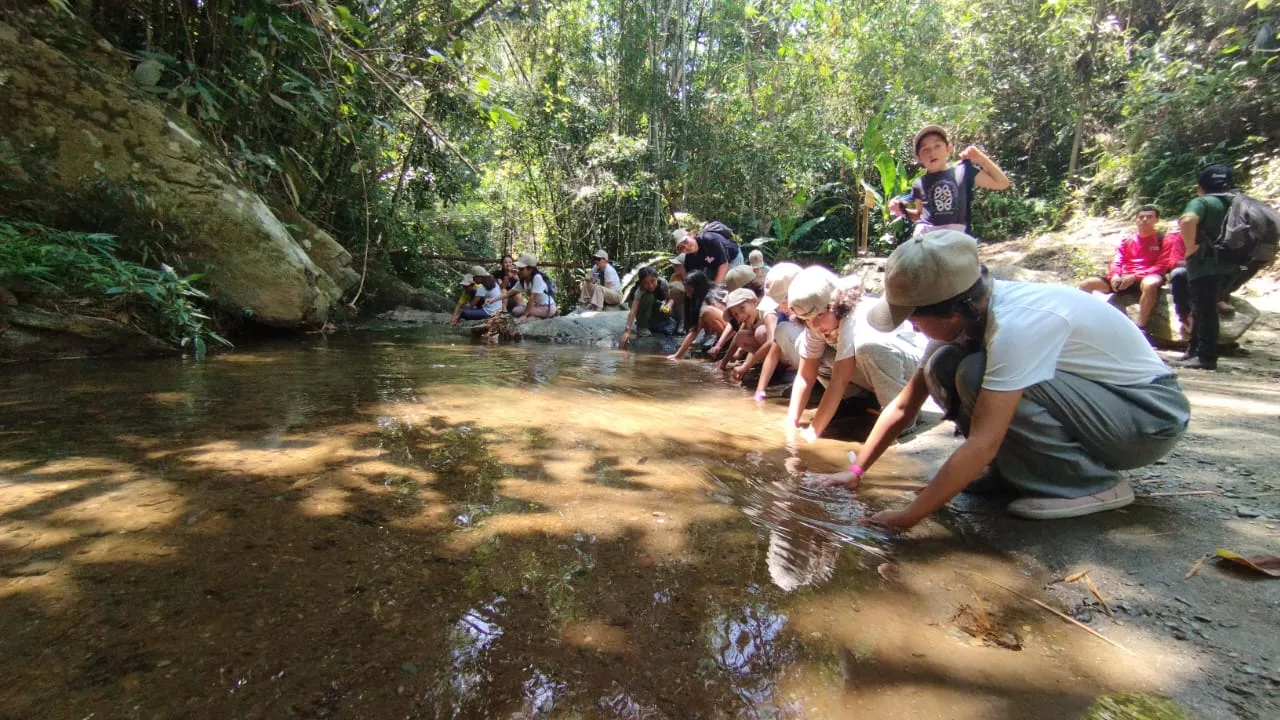 Grupo de jóvenes estudiantes disfrutando de actividades recreativas y baños en un río durante una convivencia de Awalí School.