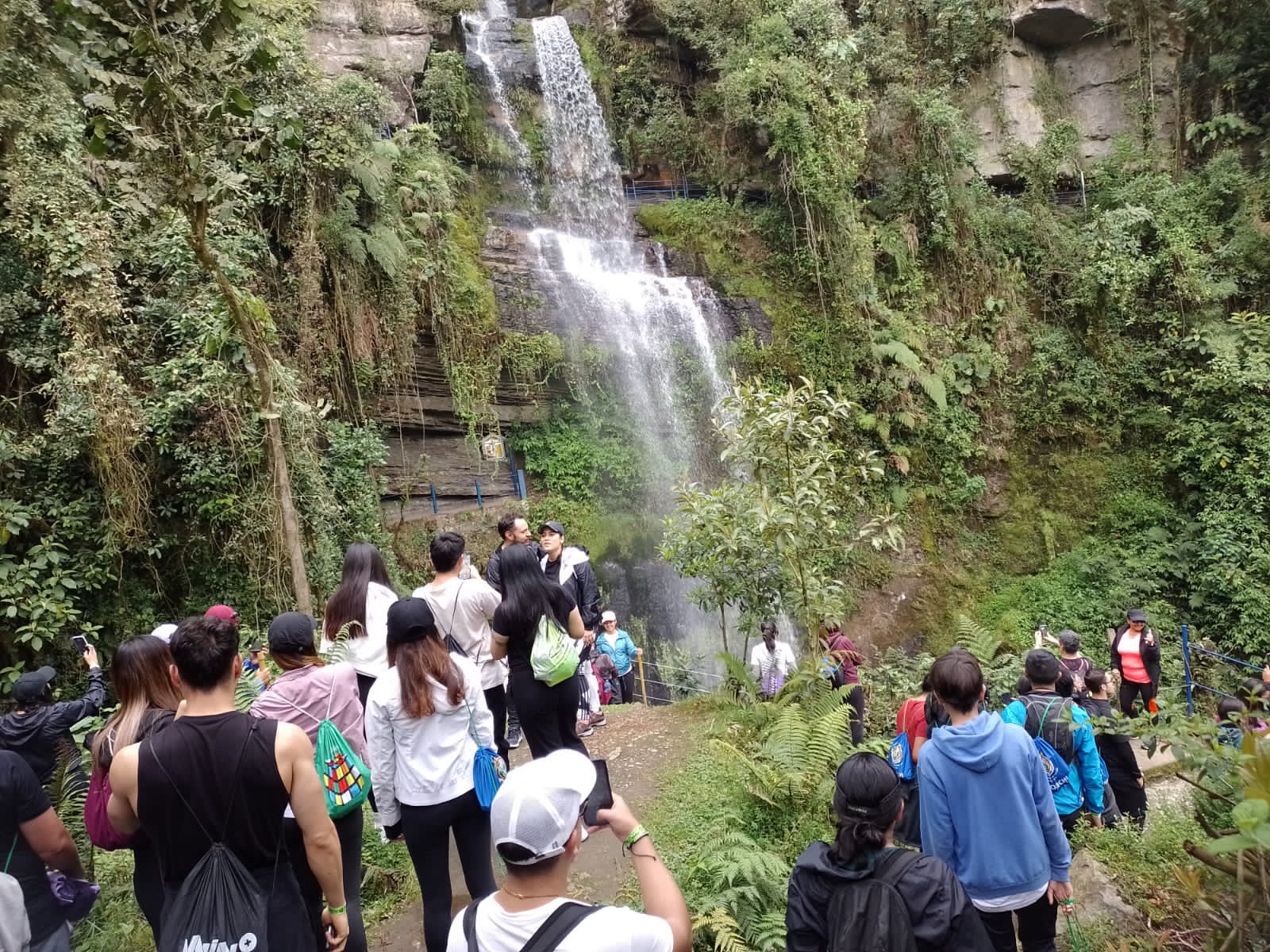 Estudiantes de colegio en la base de la Cascada La Chorrera, la más alta de Colombia, durante una expedición con Awalí School.
